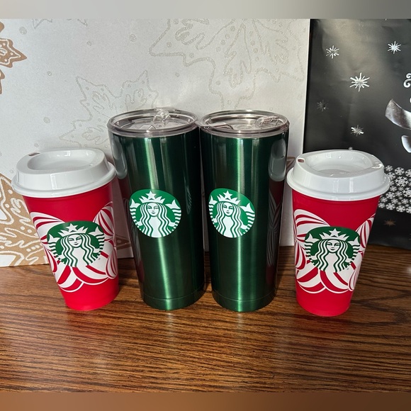 starbucks stainless steel tumbler 20 oz And Red Holiday Cup set - Picture 3 of 4